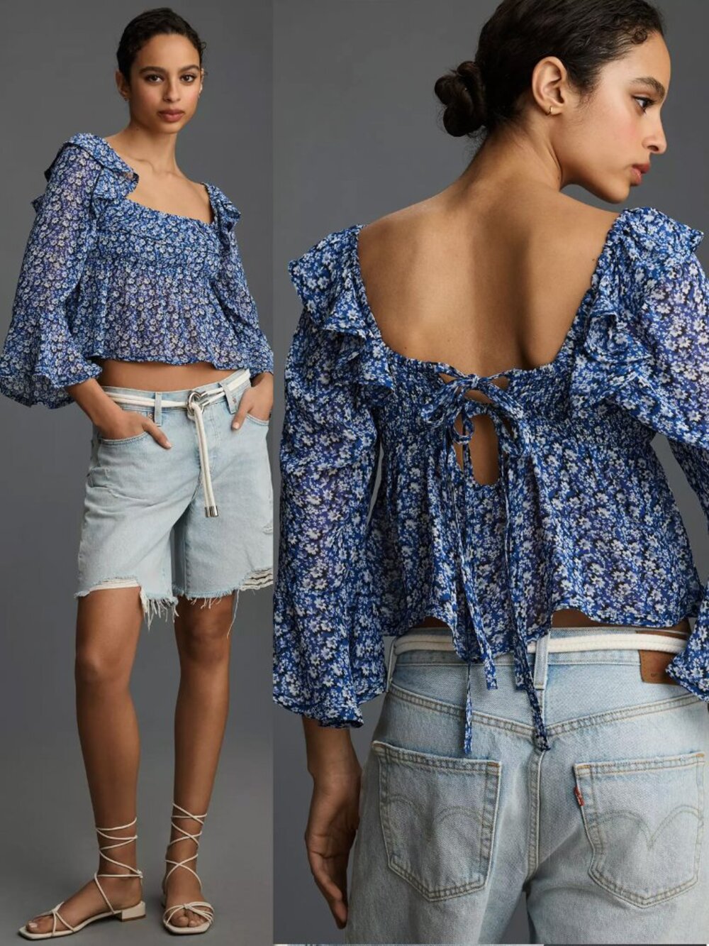 Anthropologie Maeve Square-Neck Sheer Babydoll Top S Floral Blue $128 Romantic